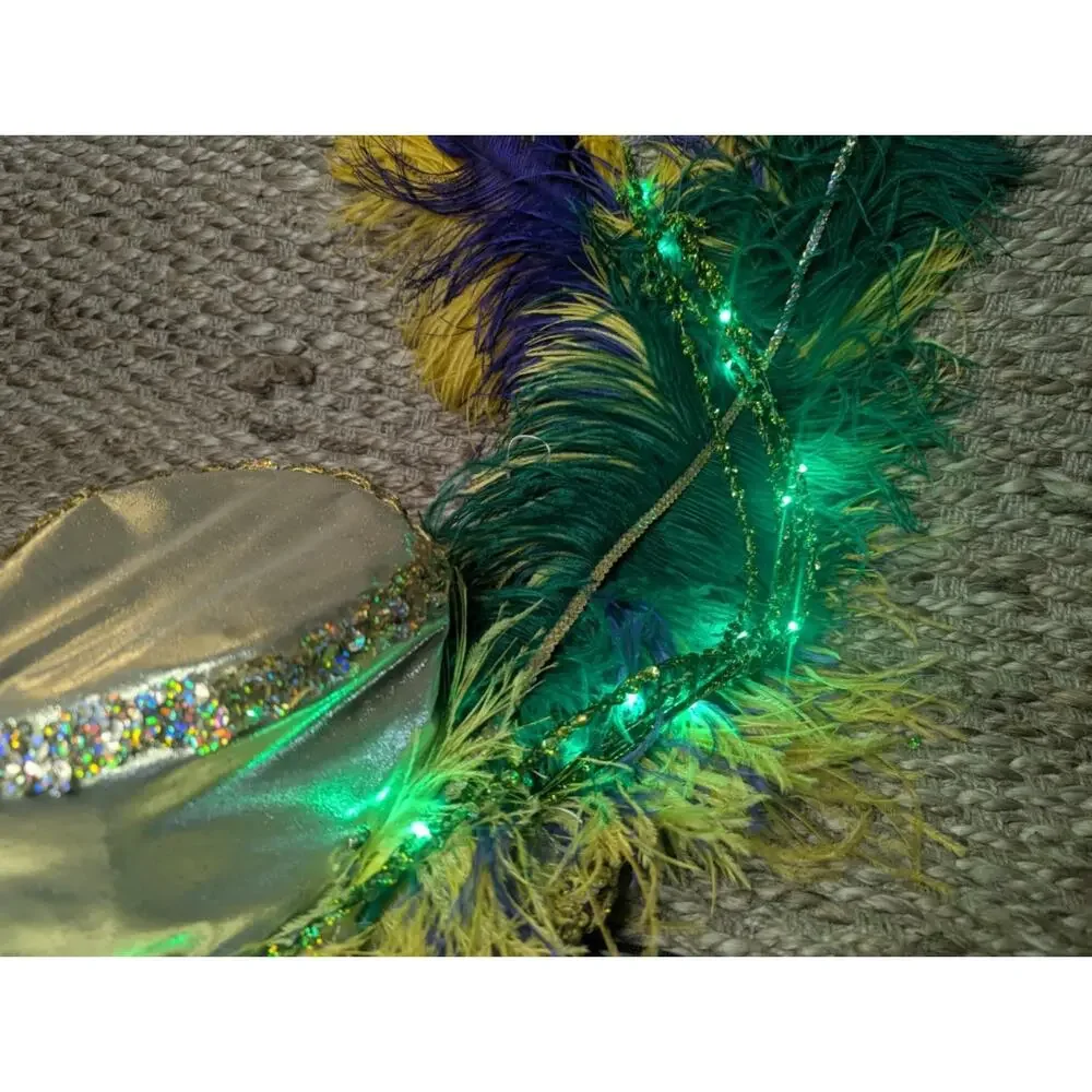 Adult Green Light Up Mardi Gras Gold Top Hat Feathers Halloween Costume Unisex